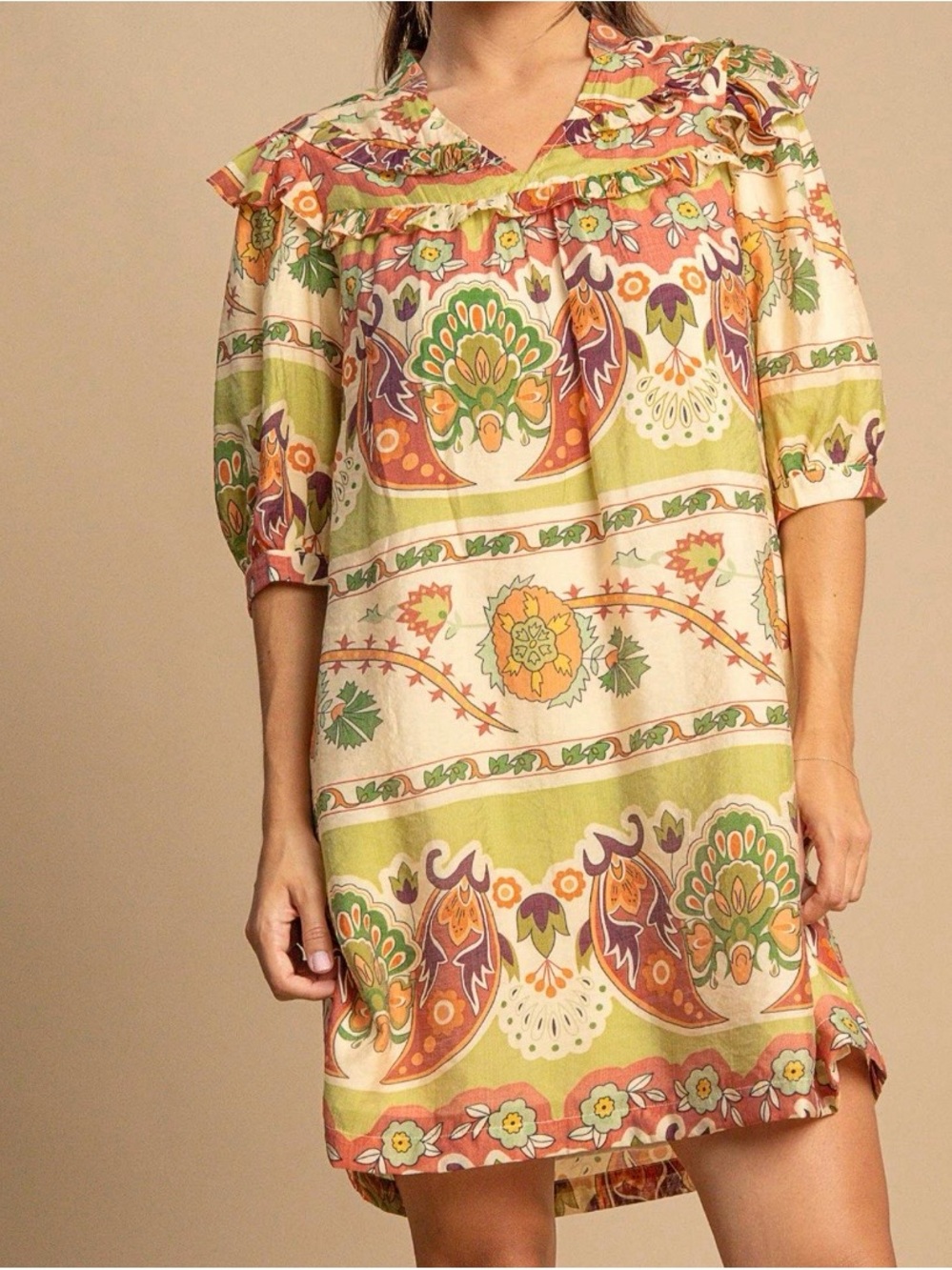 Umgee S Sage Green Multi Border Print Tiered Midi Dress
3/4 Puff Sleeves Cottage